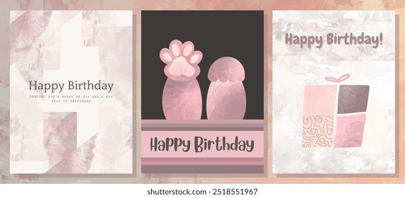 Set three Elegant Happy Birthday Cards. Creative type 7 pink greeting card. Vector illustration background. Colourful minimalist design Anniversary Birthday Cards. Aesthetic Bornday celebration card. - Powered by Shutterstock