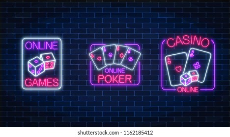 Set Of Three Glowing Neon Signs Of Casino Online Games Application. Casino Bright Signboard. Internet Gambling Banner.