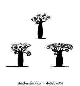 Set of three hand drawing black baobabs on white background. Silhouette of baobab