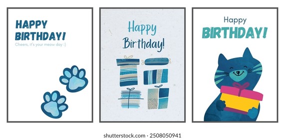 Set three Happy Birthday Cards. Creative set 61 blue greeting card. Vector illustration isolated white background. Colourful minimalist design of Anniversary Birthday Cards. Born day celebration card - Powered by Shutterstock