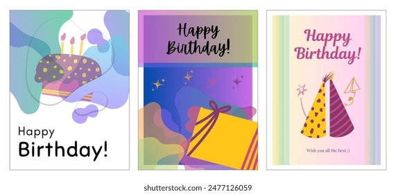 Set of three Happy Birthday Greeting Cards. Vector illustration isolated on a white background. Colourful minimalist design of Anniversary Birthday Cards. Born day celebration card. Creative set 16. - Powered by Shutterstock