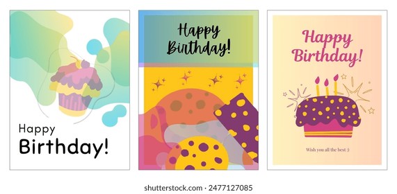 Set of three Happy Birthday Greeting Cards. Vector illustration isolated on a white background. Colourful minimalist design of Anniversary Birthday Cards. Born day celebration card. Creative set 21. - Powered by Shutterstock