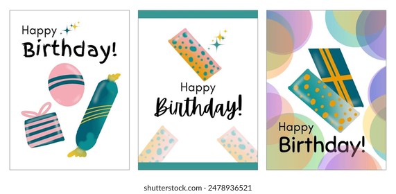 Set of three Happy Birthday Greeting Cards. Vector illustration isolated on a white background. Colourful minimalist design of Anniversary Birthday Cards. Born day celebration card. Creative set 37. - Powered by Shutterstock