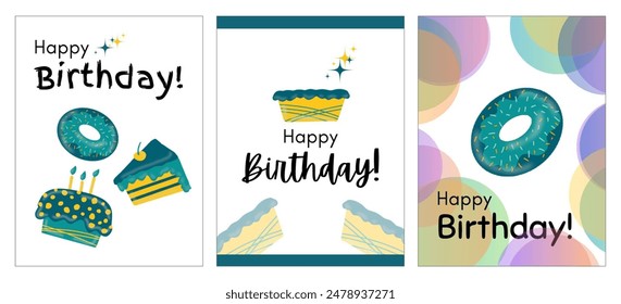 Set of three Happy Birthday Greeting Cards. Vector illustration isolated on a white background. Colourful minimalist design of Anniversary Birthday Cards. Born day celebration card. Creative set 40. - Powered by Shutterstock