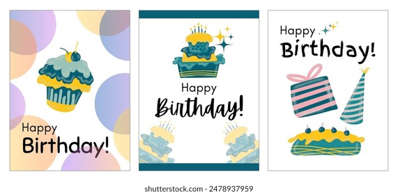 Set of three Happy Birthday Greeting Cards. Vector illustration isolated on a white background. Colourful minimalist design of Anniversary Birthday Cards. Born day celebration card. Creative set 43. - Powered by Shutterstock