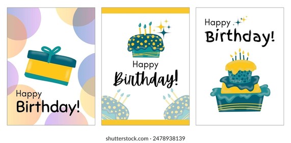 Set of three Happy Birthday Greeting Cards. Vector illustration isolated on a white background. Colourful minimalist design of Anniversary Birthday Cards. Born day celebration card. Creative set 45. - Powered by Shutterstock