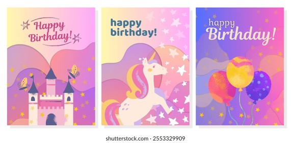 Set of three Happy Birthday Greeting Cards. Vector illustration isolated on a white background. Colourful design Anniversary Birthday Cards. Born day celebration card. Ready to print. Creative set 1. - Powered by Shutterstock