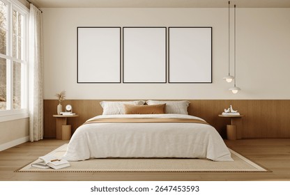 Set of Three Horizontal Wall Frame Mockup Above Bed in Cozy Bedroom with Neutral Colors and Modern Lighting - Interior Scene	
