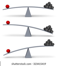 A set of three images of a red sphere and a stack of dark gray spheres on opposite ends of a gray balance board in turns outweighing or balancing each other. Isolated on white.
