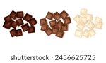 Set of three isolated realistic colorful turds of chocolate slices representing dark milk and white chocolate vector illustration