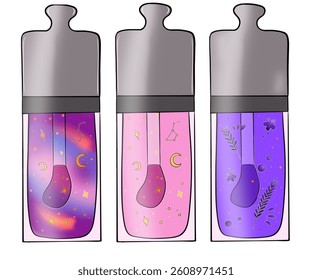 Set with three lip balms: the first displays a cosmic theme with stars and a gradient of red and purple; the second is pink with crescent moons; the third is purple with florals and leaves.
