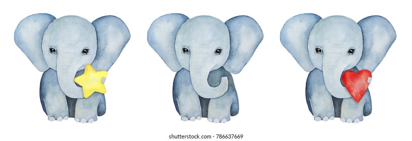 Set of three little baby elephants. Holding yellow star, red heart and without object. Cute character, childhood element, grey color, front view, standing pose. Hand drawn water color illustration.