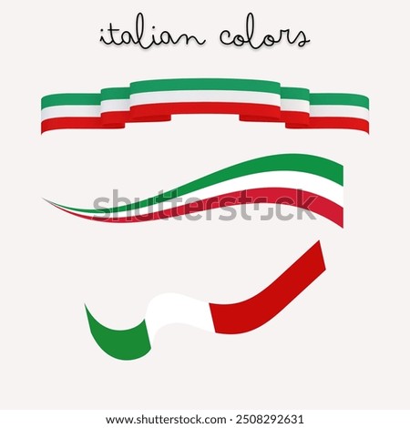 Set of three modern colored vector ribbon with the Italian tricolor isolated on white background, abstract Italian flag, Made in Italy logo
