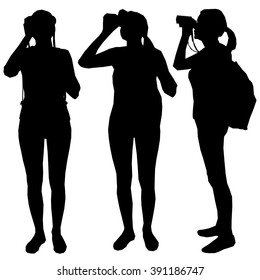 Set of three silhouettes - girl, the woman, the climber with a backpack on a back standing and looking through binoculars. Tourist, rock-climber with the binoculars in hands. Orientation to districts.