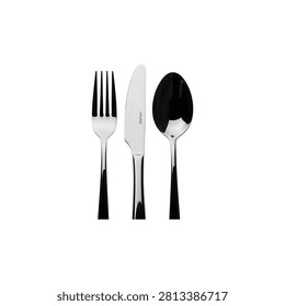 Set of three silver kitchen knives with black handles, arranged vertically, isolated on white background