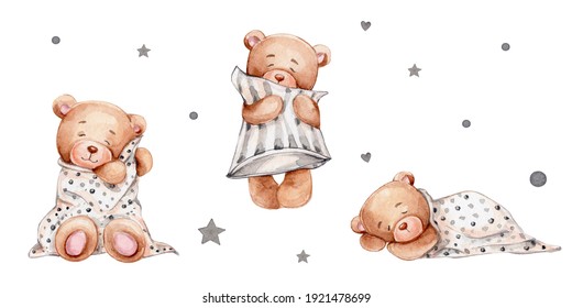 Set with three sleeping teddy bears, pillow and blanket; watercolor hand drawn illustration; can be used for baby shower or cards; with white isolated background