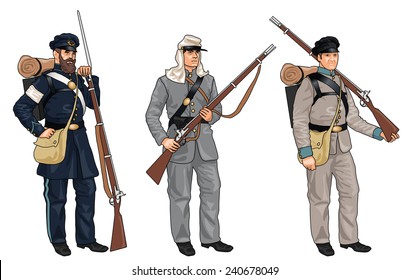 Set of Three Soldiers in Uniforms from American Civil War on White Background
