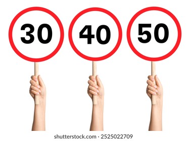 Set of three speed limit signs (30, 40, 50) in three hands on a blank background. Great for traffic regulation, road safety, or public awareness. - Powered by Shutterstock