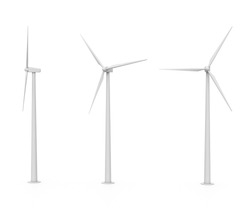Set Of Three Various Wind Turbines Isolated On White Background