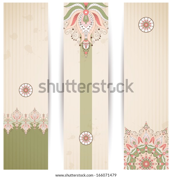 Set of three vertical\
banners. Oriental pattern and old paper, strips and stains. Place\
for your text.