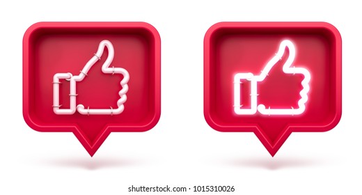 Set Thumbs up icon on a red pin isolated on white background. Neon Like symbol. 3d render
