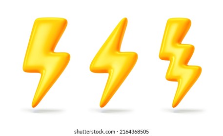 Set Of Thunderbolt Icon. Flash Of Lightning Symbol Isolated On White. 3D Rendering With Clipping Path