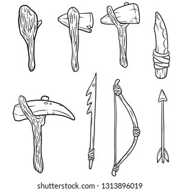 Set Tool Prehistoric Caveman Hunting. Wooden Baton With Stick, Stone Axe, Bone Knife, Pickaxe, Harpoon For Fishing, Bow And Arrow. Hand-drawn Illustration. White And Black Weapons And Things.