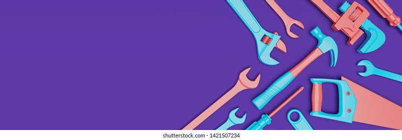 set of tools, Many tools isolated on violet background. horizontal banner with copy space. 3d rendering - Powered by Shutterstock