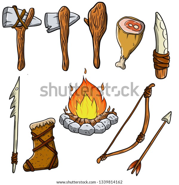 Set of tools primitive prehistoric cave man\
hunter. Stone axe, harpoon, clothe, bow, arrow, meat, club, fire.\
Wild man Lifestyle. Primal Weapon for Neanderthal survival. Knife\
of horn. Drawn\
design