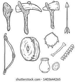 Set of tools of primitive prehistoric man hunter. caveman lifestyle. Hand-drawn illustration. Club, stone axe, pickaxe, bow and arrow for hunting, stone wheel, pitcher, bones and necklace of teeth
