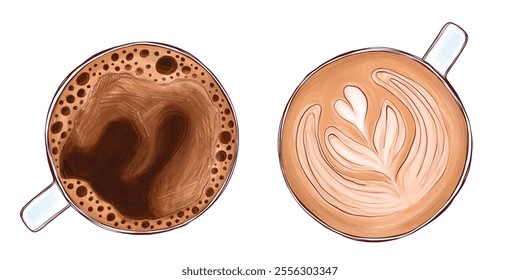 A set top view of a black coffee and a latte with artful foam design. Illustration of the contrast between rich crema and smooth latte art. For coffee bar branding, beverage menus, lifestyle visuals - Powered by Shutterstock