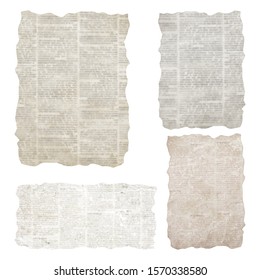 Set Of Torn Newspaper Pieces Isolated On White Background. Old Grunge Newspapers Textured Paper Collection. Newsprint Typed Vintage Sheets. Unreadable Aged Pages. Space For Text.