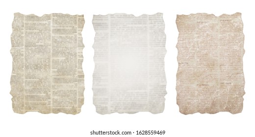 Set Of Torn Newspaper Pieces Isolated On White Background. Old Grunge Newspapers Textured Paper Collection. Newsprint Typed Vintage Sheets. Unreadable Aged Pages. Space For Text.