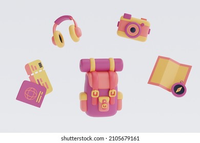 Set Of Tourism And Travel Concept With Bagpack And Traveler Accessories,minimal Style,Flat Lay.3d Render.