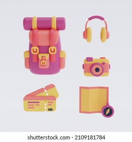 Set Of Tourism And Travel Concept With Bagpack And Traveler Accessories,minimal Style,Flat Lay.3d Render.