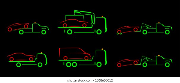 Set Tow Truck Simple Side View Schematic Image On Black Background	