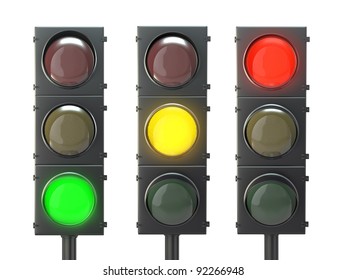 Set Of Traffic Lights With Red, Yellow And Green Lights Isolated On White Background