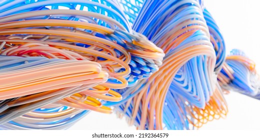 Set Of Transparent Blue And Orange Twirling Mesh Array Tube Lines Isolated On White Background, Abstract Modern Data Visualisation, Science, Research Or Business Datum Concept, 3D Illustration