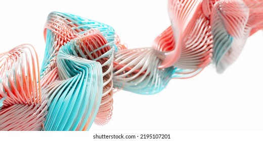 Set Of Transparent Cyan And Red Twirling Mesh Array Tube Lines Isolated On White Background, Abstract Modern Data Visualisation, Science, Research Or Business Datum Concept, 3D Illustration