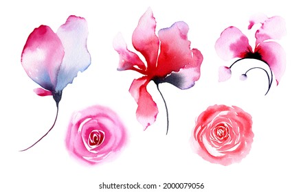 Set transparent flowers  Pink  red  blue roses  Watercolor illustration isolated white background