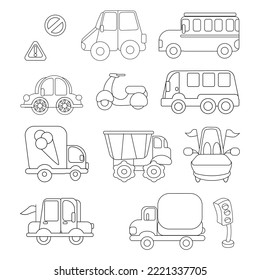 set transport vehicle coloring book material for kids isolated white background