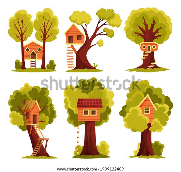 Set of tree house. Children playground with swing\
and ladder. Flat style  illustration. Tree house for playing and\
parties. House on tree for kids. Wooden town, rope park between\
green foliage
