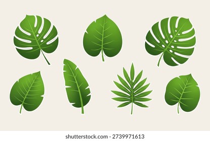 Set of tropical leaf cutouts in vector illustration style, flat yet detailed shading, smooth gradients within leaves only, clean modern design, bright natural greens, precise edges, no outlines, arranged as separate elements, high resolution, print-ready quality, isolated on background