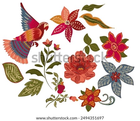 Set tropical oho elements arara flower leaf caju
