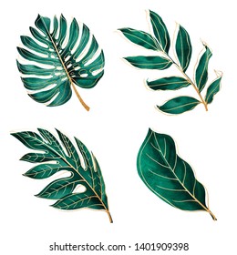 Set Of Tropical Plants. Botanical Watercolor Green Exotic Leaves With Gold Outline. Coconut Palm, Monstera, Banana Tree.