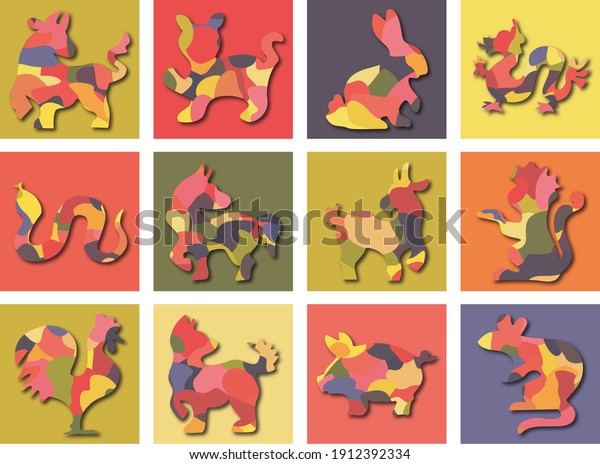 Set of\
twelve Chinese lunar calendar animal symbols with abstract mosaic\
pattern and paper cut effect: ox, tiger, rabbit, dragon, snake,\
horse, goat, monkey, rooster, dog, pig,\
rat