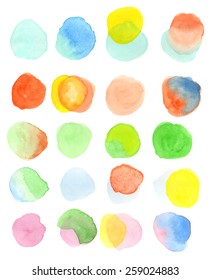 A set of twenty, hand-painted, colorful watercolor circles in pastel tones. Light and airy Springtime feel. White background for easy cutout. Hand drawn using transparent watercolor paint on paper.
