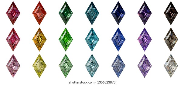 Set Of Twenty One Multi Colored Lozenge Cut Gemstones Isolated On White Background. 3D Illustration