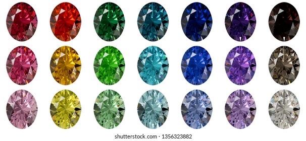 Set Of Twenty One Multi Colored Oval Cut Gemstones Isolated On White Background. 3D Illustration