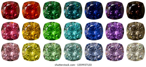 Set Of Twenty One Multi Colored Cushion Cut Gemstones Isolated On White Background. 3D Illustration